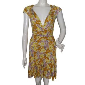 FREE PEOPLE Dress, M, Soft Ribbed, Plunging V,  Yellow/Purple Floral, Cap sleeve